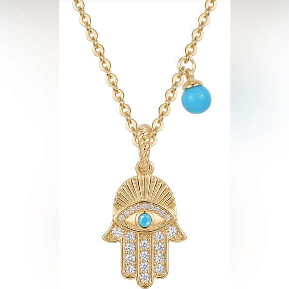 Jewelry - 14K Gold Plated Cuban Zirconia Hamsa Eye Pendant Necklace with Turquoise Accent